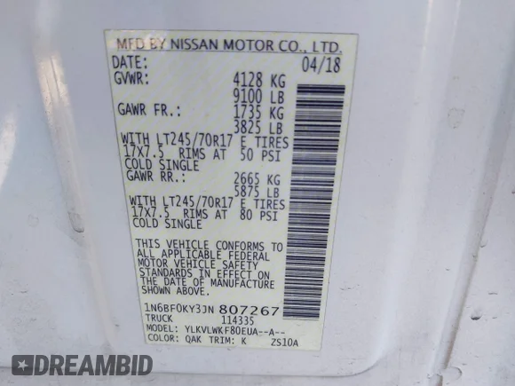 ✅ 2018 Nissan NV Cargo S • VIN: 1N6BF0KY3JN807267 • Lot: 41141005. Wystawiony na IAAI z przebiegiem 139 412 mil. Bezpłatny archiwum sprzedaży aukcyjnych z USA i szczegółowy raport historii pojazdu na DreamBid. Zdjęcie 9.