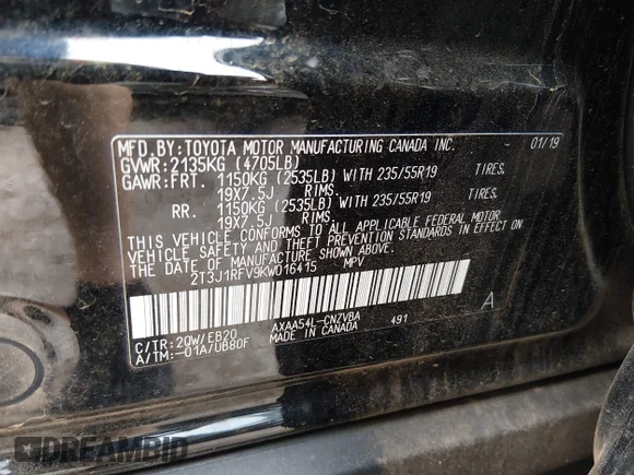 ✅ 2019 Toyota RAV4 Adventure • VIN: 2T3J1RFV9KW016415 • Лот: 44851176. Опубликован ранее на IAAI с пробегом 64 431 миль. Бесплатный доступ к архиву аукционных продаж из США и подробный отчёт об истории автомобиля на DreamBid. Изображение 9.