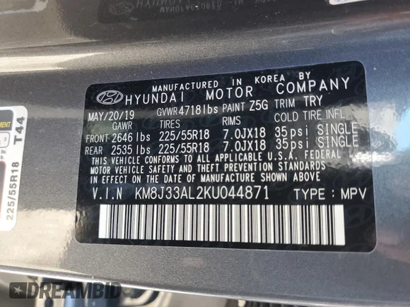✅ 2019 Hyundai Tucson Night Edition • VIN: KM8J33AL2KU044871 • Lot: 45489463. Wystawiony na Copart z przebiegiem 42 166 mil. Bezpłatny archiwum sprzedaży aukcyjnych z USA i szczegółowy raport historii pojazdu na DreamBid. Zdjęcie 13.