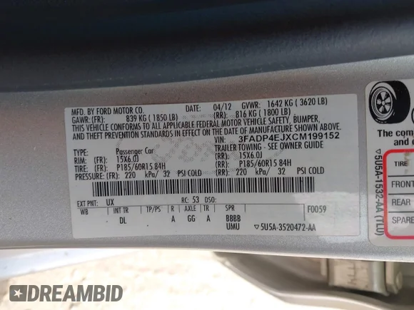 ✅ 2012 Ford Fiesta SE • VIN: 3FADP4EJXCM199152 • Лот: 45115465. Опубліковано раніше на IAAI з пробігом 82 288 миль. Безкоштовний доступ до архіву аукціонних продажів зі США та докладний звіт про історію автомобіля на DreamBid. Зображення 9.