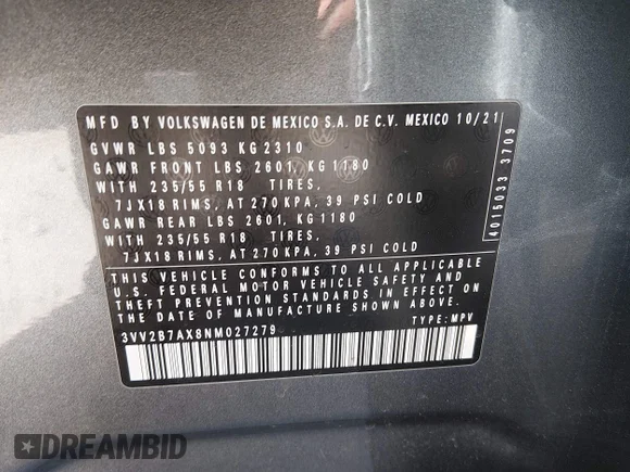✅ 2022 Volkswagen Tiguan SE • VIN: 3VV2B7AX8NM027279 • Lot: 45046401. Listed on IAAI with 31,177 mi. Free auction sales archive from the USA and detailed vehicle history report at DreamBid. Image 9.