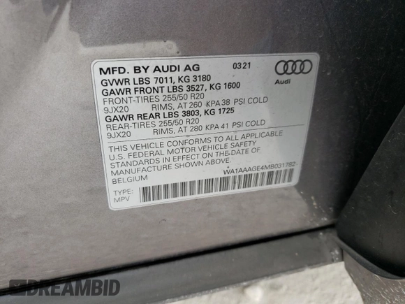 ✅ 2021 Audi e-tron Premium • VIN: WA1AAAGE4MB031782 • Lot: 65578012. Wystawiony na Copart z przebiegiem 21 981 mil. Bezpłatny archiwum sprzedaży aukcyjnych z USA i szczegółowy raport historii pojazdu na DreamBid. Zdjęcie 10.