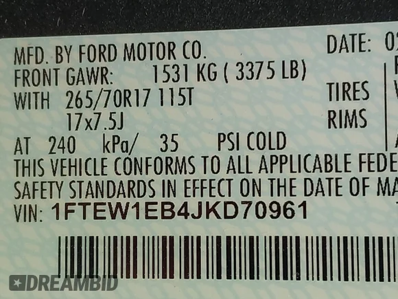 ✅ 2018 Ford F-150 XL • VIN: 1FTEW1EB4JKD70961 • Lot: 42481830. Listed on IAAI with 76,972 mi. Free auction sales archive from the USA and detailed vehicle history report at DreamBid. Image 9.