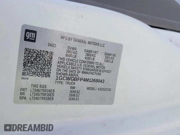 ✅ 2021 Chevrolet Express Cargo • VIN: 1GCWGBFP4M1269043 • Lot: 44244572. Wystawiony na IAAI z przebiegiem 97 361 mil. Bezpłatny archiwum sprzedaży aukcyjnych z USA i szczegółowy raport historii pojazdu na DreamBid. Zdjęcie 9.