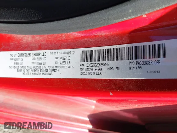 ✅ 2012 Dodge Avenger SE • VIN: 1C3CDZAG2CN255147 • Lot: 41417897. Listed on IAAI with 196,514 mi. Free auction sales archive from the USA and detailed vehicle history report at DreamBid. Image 9.