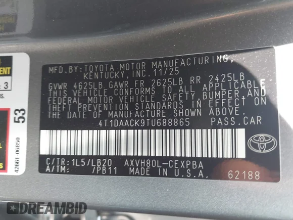✅ 2026 Toyota Camry LE • VIN: 4T1DAACK9TU688865 • Lot: 44699683. Wystawiony na IAAI z przebiegiem 397 mil. Bezpłatny archiwum sprzedaży aukcyjnych z USA i szczegółowy raport historii pojazdu na DreamBid. Zdjęcie 9.