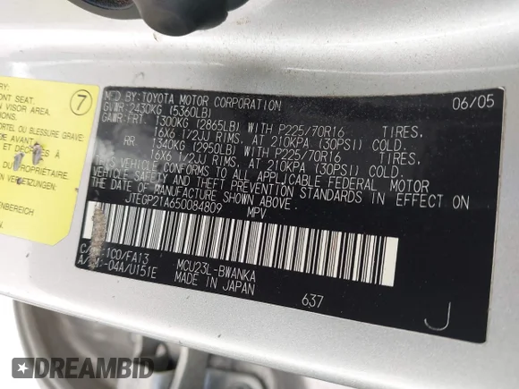✅ 2005 Toyota Highlander • VIN: JTEGP21A650084809 • Lot: 43156417. Wystawiony na IAAI z przebiegiem 120 244 mil. Bezpłatny archiwum sprzedaży aukcyjnych z USA i szczegółowy raport historii pojazdu na DreamBid. Zdjęcie 9.