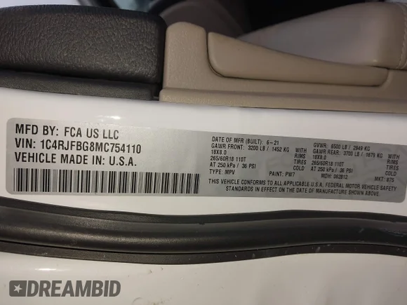 ✅ 2021 Jeep Grand Cherokee Limited • VIN: 1C4RJFBG8MC754110 • Lot: 44131729. Wystawiony na IAAI z przebiegiem 69 748 mil. Bezpłatny archiwum sprzedaży aukcyjnych z USA i szczegółowy raport historii pojazdu na DreamBid. Zdjęcie 9.