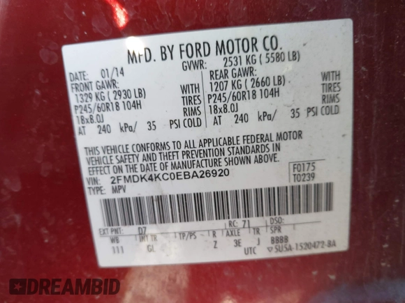 ✅ 2014 Ford Edge Limited • VIN: 2FMDK4KC0EBA26920 • Лот: 44320379. Опубликован ранее на IAAI с пробегом 201 162 миль. Бесплатный доступ к архиву аукционных продаж из США и подробный отчёт об истории автомобиля на DreamBid. Изображение 9.