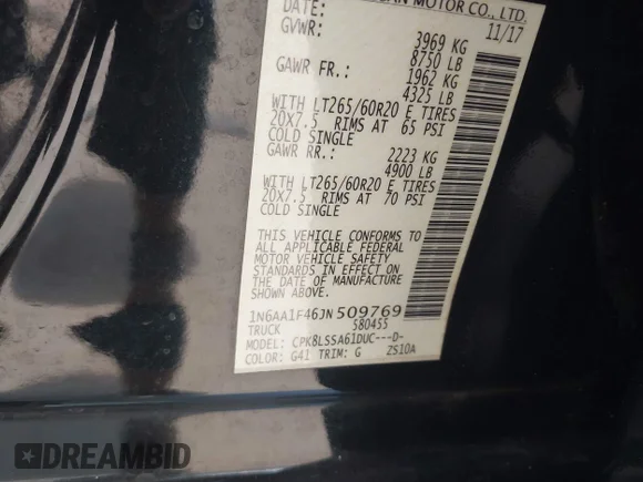 ✅ 2018 Nissan Titan Platinum Reserve • VIN: 1N6AA1F46JN509769 • Lot: 45003936. Wystawiony na IAAI z przebiegiem 117 631 mil. Bezpłatny archiwum sprzedaży aukcyjnych z USA i szczegółowy raport historii pojazdu na DreamBid. Zdjęcie 9.