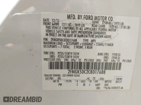 ✅ 2012 Ford Flex Limited • VIN: 2FMGK5DC2CBD17688 • Лот: 42563613. Опубліковано раніше на IAAI з пробігом 144 647 миль. Безкоштовний доступ до архіву аукціонних продажів зі США та докладний звіт про історію автомобіля на DreamBid. Зображення 9.