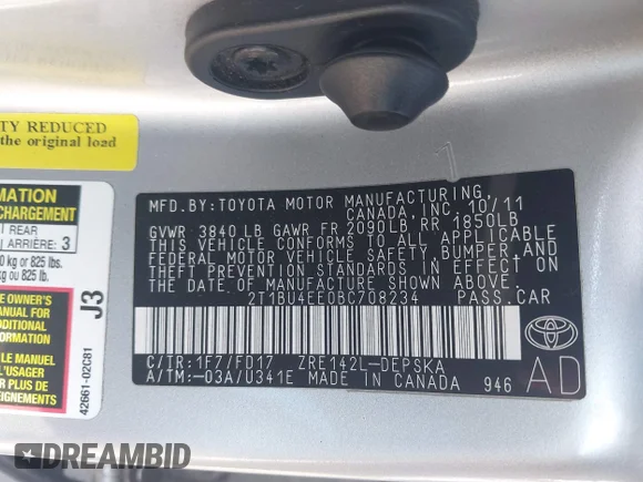 ✅ 2011 Toyota Corolla LE • VIN: 2T1BU4EE0BC708234 • Lot: 44315756. Listed on IAAI with 206,517 mi. Free auction sales archive from the USA and detailed vehicle history report at DreamBid. Image 9.