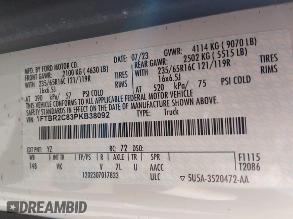 ✅ 2023 Ford Transit Cargo • VIN: 1FTBR2C83PKB38092 • Lot: 44784383. Wystawiony na IAAI z przebiegiem 42 477 mil. Bezpłatny archiwum sprzedaży aukcyjnych z USA i szczegółowy raport historii pojazdu na DreamBid. Zdjęcie 8.