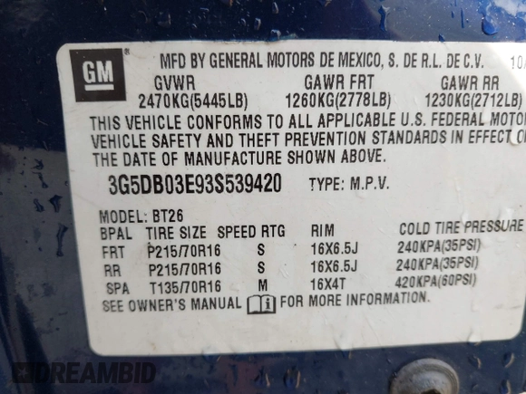 ✅ 2003 Buick Rendezvous CX • VIN: 3G5DB03E93S539420 • Lot: 42632800. Listed on IAAI with 258,935 mi. Free auction sales archive from the USA and detailed vehicle history report at DreamBid. Image 9.