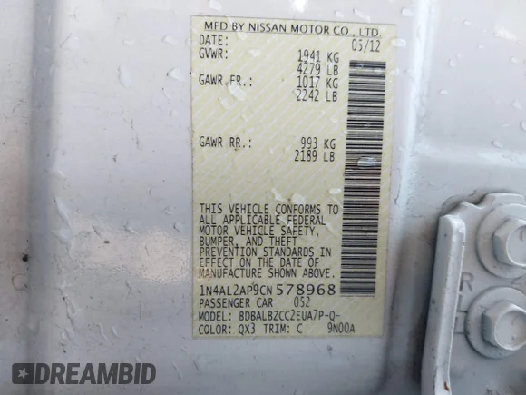 ✅ 2012 Nissan Altima SL • VIN: 1N4AL2AP9CN578968 • Lot: 44212403. Listed on IAAI with 201,383 mi. Free auction sales archive from the USA and detailed vehicle history report at DreamBid. Image 9.