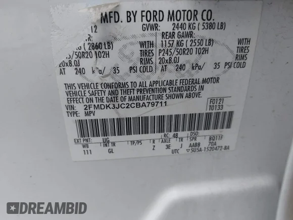 ✅ 2012 Ford Edge SEL • VIN: 2FMDK3JC2CBA79711 • Lot: 44474447. Wystawiony na IAAI z przebiegiem 151 366 mil. Bezpłatny archiwum sprzedaży aukcyjnych z USA i szczegółowy raport historii pojazdu na DreamBid. Zdjęcie 9.