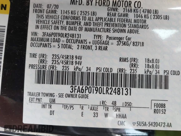 ✅ 2020 Ford Fusion SE • VIN: 3FA6P0T90LR248131 • Lot: 45000783. Listed on IAAI with 87,931 mi. Free auction sales archive from the USA and detailed vehicle history report at DreamBid. Image 9.