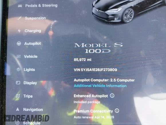 ✅ 2018 Tesla Model S 75D • VIN: 5YJSA1E28JF273809 • Lot: 42029434. Listed on IAAI with 85,972 mi. Free auction sales archive from the USA and detailed vehicle history report at DreamBid. Image 7.