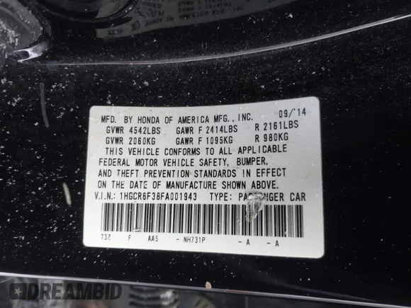 ✅ 2015 Honda Accord • VIN: 1HGCR6F38FA001943 • Lot: 44134127. Wystawiony na IAAI z przebiegiem 94 647 mil. Bezpłatny archiwum sprzedaży aukcyjnych z USA i szczegółowy raport historii pojazdu na DreamBid. Zdjęcie 9.