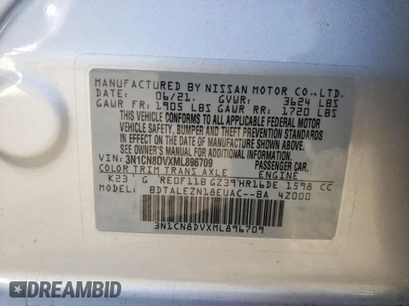 ✅ 2021 Nissan Versa S • VIN: 3N1CN8DVXML896709 • Lot: 45992033. Wystawiony na Copart z przebiegiem 2 082 mil. Bezpłatny archiwum sprzedaży aukcyjnych z USA i szczegółowy raport historii pojazdu na DreamBid. Zdjęcie 13.