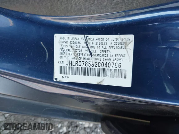 ✅ 2002 Honda CR-V LX • VIN: JHLRD78582C040786 • Lot: 42965614. Wystawiony na IAAI z przebiegiem Nie podano. Bezpłatny archiwum sprzedaży aukcyjnych z USA i szczegółowy raport historii pojazdu na DreamBid. Zdjęcie 9.