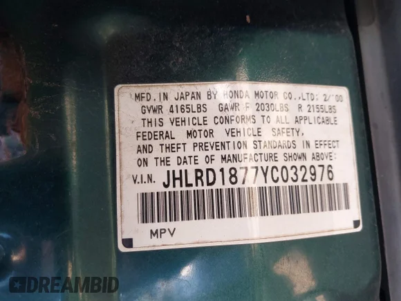 ✅ 2000 Honda CR-V SE • VIN: JHLRD1877YC032976 • Лот: 43167612. Опубликован ранее на IAAI с пробегом 248 648 миль. Бесплатный доступ к архиву аукционных продаж из США и подробный отчёт об истории автомобиля на DreamBid. Изображение 9.