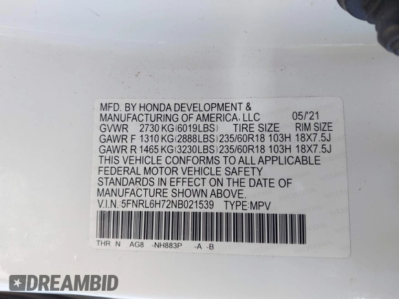 ✅ 2022 Honda Odyssey EX-L • VIN: 5FNRL6H72NB021539 • Lot: 43902590. Wystawiony na IAAI z przebiegiem 57 328 mil. Bezpłatny archiwum sprzedaży aukcyjnych z USA i szczegółowy raport historii pojazdu na DreamBid. Zdjęcie 9.