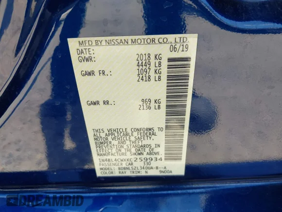 ✅ 2019 Nissan Altima SR • VIN: 1N4BL4CWXKC259934 • Lot: 45291565. Wystawiony na IAAI z przebiegiem 63 355 mil. Bezpłatny archiwum sprzedaży aukcyjnych z USA i szczegółowy raport historii pojazdu na DreamBid. Zdjęcie 9.