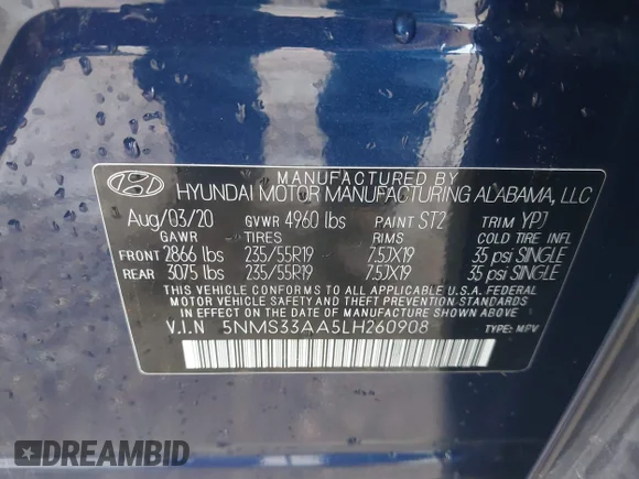 ✅ 2020 Hyundai Santa Fe SEL • VIN: 5NMS33AA5LH260908 • Lot: 45184045. Wystawiony na IAAI z przebiegiem 31 806 mil. Bezpłatny archiwum sprzedaży aukcyjnych z USA i szczegółowy raport historii pojazdu na DreamBid. Zdjęcie 9.