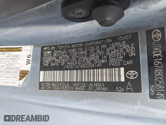 ✅ 2008 Scion tC Spec • VIN: JTKDE167480258149 • Lot: 42197825. Wystawiony na IAAI z przebiegiem Nie podano. Bezpłatny archiwum sprzedaży aukcyjnych z USA i szczegółowy raport historii pojazdu na DreamBid. Zdjęcie 9.