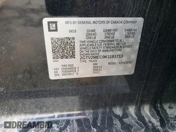 ✅ 2019 GMC Sierra 1500 SLE • VIN: 2GTV2MEC0K1191713 • Lot: 73736975. Wystawiony na Copart z przebiegiem 57 059 mil. Bezpłatny archiwum sprzedaży aukcyjnych z USA i szczegółowy raport historii pojazdu na DreamBid. Zdjęcie 12.
