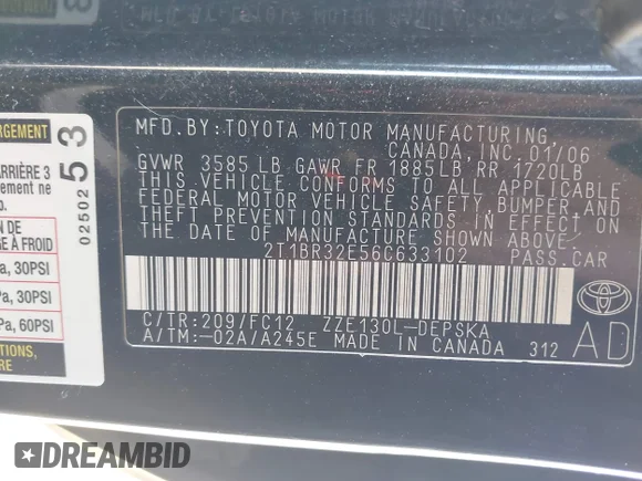 ✅ 2006 Toyota Corolla S • VIN: 2T1BR32E56C633102 • Lot: 44316537. Wystawiony na IAAI z przebiegiem Nie podano. Bezpłatny archiwum sprzedaży aukcyjnych z USA i szczegółowy raport historii pojazdu na DreamBid. Zdjęcie 9.