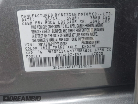 ✅ 2015 Nissan Sentra SV • VIN: 3N1AB7AP1FY319086 • Lot: 44743576. Wystawiony na IAAI z przebiegiem 96 949 mil. Bezpłatny archiwum sprzedaży aukcyjnych z USA i szczegółowy raport historii pojazdu na DreamBid. Zdjęcie 9.