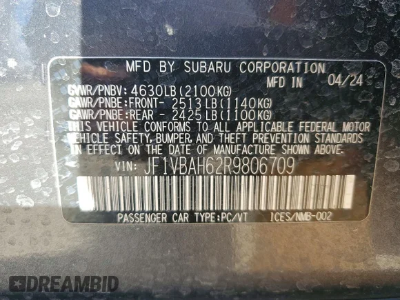 ✅ 2024 Subaru WRX Premium • VIN: JF1VBAH62R9806709 • Lot: 99839615. Listed on Copart with 32,116 mi. Free auction sales archive from the USA and detailed vehicle history report at DreamBid. Image 12.