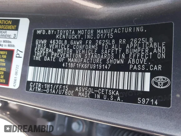 ✅ 2015 Toyota Camry LE • VIN: 4T1BF1FK6FU919147 • Lot: 44273994. Wystawiony na IAAI z przebiegiem 93 911 mil. Bezpłatny archiwum sprzedaży aukcyjnych z USA i szczegółowy raport historii pojazdu na DreamBid. Zdjęcie 9.