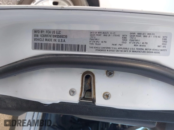 ✅ 2021 Ram 1500 Tradesman • VIN: 1C6RR7KT8MS569239 • Lot: 44957420. Wystawiony na IAAI z przebiegiem 66 582 mil. Bezpłatny archiwum sprzedaży aukcyjnych z USA i szczegółowy raport historii pojazdu na DreamBid. Zdjęcie 9.