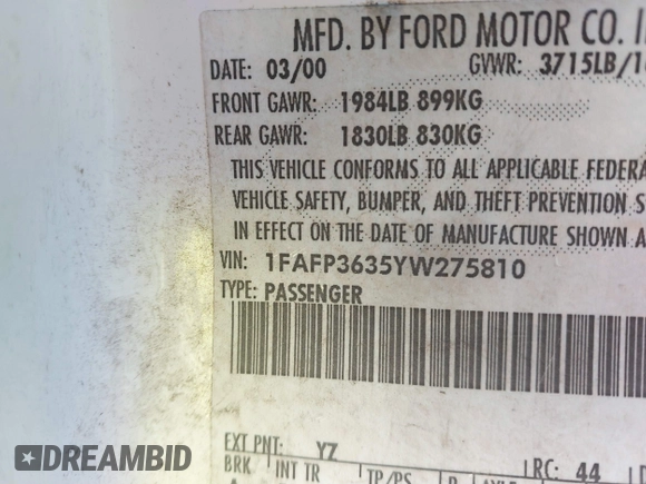✅ 2000 Ford Focus SE Fleet • VIN: 1FAFP3635YW275810 • Lot: 41433230. Wystawiony na IAAI z przebiegiem 102 008 mil. Bezpłatny archiwum sprzedaży aukcyjnych z USA i szczegółowy raport historii pojazdu na DreamBid. Zdjęcie 9.