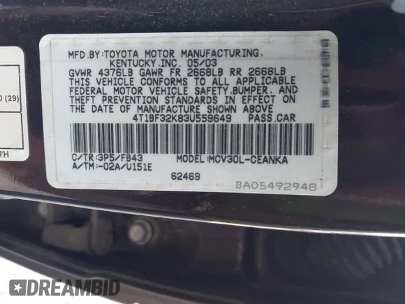 ✅ 2003 Toyota Camry LE • VIN: 4T1BF32K83U559649 • Lot: 44483975. Wystawiony na IAAI z przebiegiem 201 544 mil. Bezpłatny archiwum sprzedaży aukcyjnych z USA i szczegółowy raport historii pojazdu na DreamBid. Zdjęcie 9.