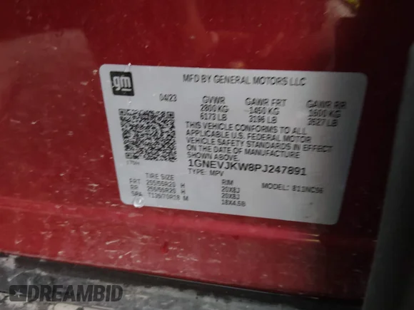✅ 2023 Chevrolet Traverse RS • VIN: 1GNEVJKW8PJ247891 • Lot: 44743646. Wystawiony na IAAI z przebiegiem 81 578 mil. Bezpłatny archiwum sprzedaży aukcyjnych z USA i szczegółowy raport historii pojazdu na DreamBid. Zdjęcie 9.