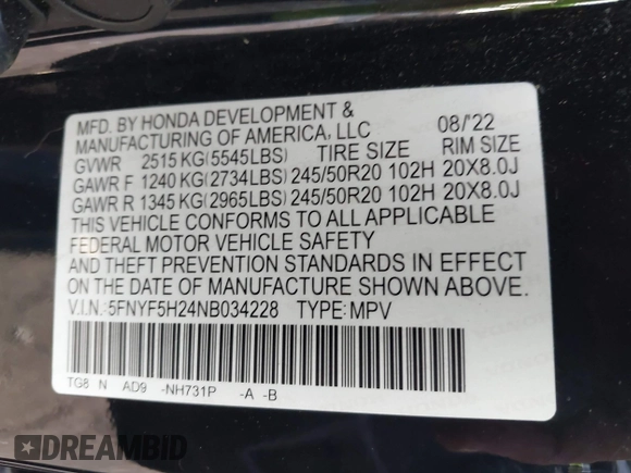 ✅ 2022 Honda Pilot Special Edition • VIN: 5FNYF5H24NB034228 • Lot: 44007370. Wystawiony na IAAI z przebiegiem 52 338 mil. Bezpłatny archiwum sprzedaży aukcyjnych z USA i szczegółowy raport historii pojazdu na DreamBid. Zdjęcie 9.