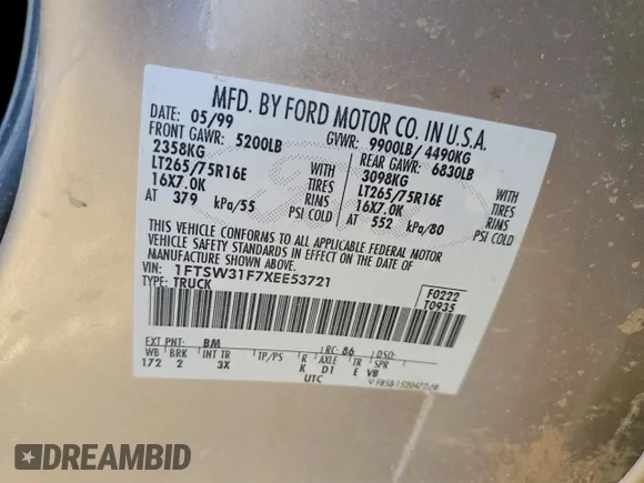 ✅ 1999 Ford F-350 XL • VIN: 1FTSW31F7XEE53721 • Lot: 72879555. Wystawiony na Copart z przebiegiem 312 773 mil. Bezpłatny archiwum sprzedaży aukcyjnych z USA i szczegółowy raport historii pojazdu na DreamBid. Zdjęcie 12.