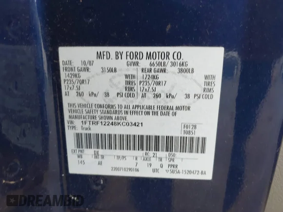 ✅ 2008 Ford F-150 XL • VIN: 1FTRF12248KC03421 • Лот: 42755495. Опубліковано раніше на IAAI з пробігом 149 306 миль. Безкоштовний доступ до архіву аукціонних продажів зі США та докладний звіт про історію автомобіля на DreamBid. Зображення 9.