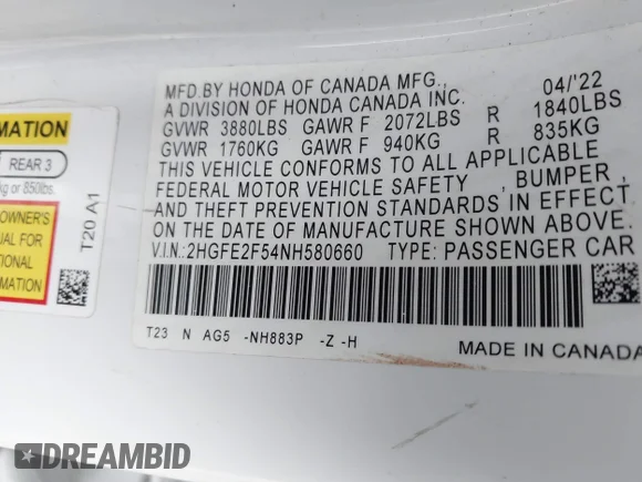 ✅ 2022 Honda Civic Sport • VIN: 2HGFE2F54NH580660 • Lot: 44493282. Wystawiony na IAAI z przebiegiem 52 002 mil. Bezpłatny archiwum sprzedaży aukcyjnych z USA i szczegółowy raport historii pojazdu na DreamBid. Zdjęcie 9.