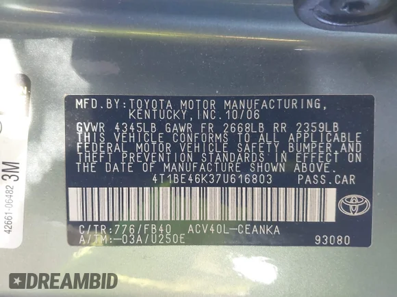 ✅ 2007 Toyota Camry LE • VIN: 4T1BE46K37U616803 • Lot: 44208691. Wystawiony na IAAI z przebiegiem 179 595 mil. Bezpłatny archiwum sprzedaży aukcyjnych z USA i szczegółowy raport historii pojazdu na DreamBid. Zdjęcie 9.
