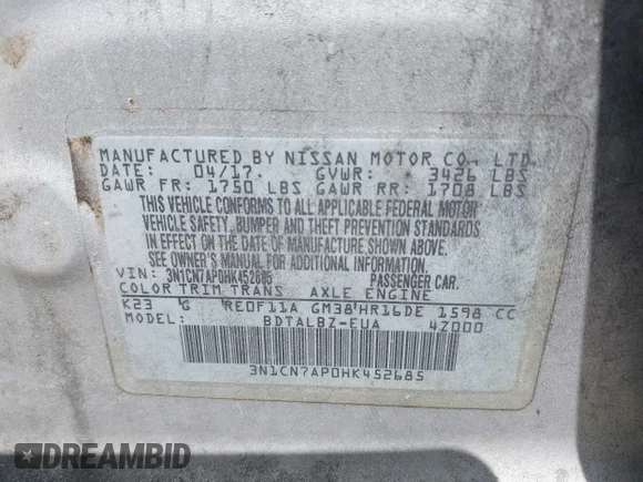 ✅ 2017 Nissan Versa SV • VIN: 3N1CN7AP0HK452685 • Lot: 45406645. Wystawiony na IAAI z przebiegiem 193 749 mil. Bezpłatny archiwum sprzedaży aukcyjnych z USA i szczegółowy raport historii pojazdu na DreamBid. Zdjęcie 9.