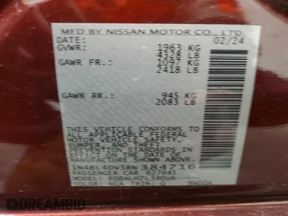 ✅ 2024 Nissan Altima SV • VIN: 1N4BL4DV5RN384716 • Lot: 47945806. Wystawiony na Copart z przebiegiem Nie podano. Bezpłatny archiwum sprzedaży aukcyjnych z USA i szczegółowy raport historii pojazdu na DreamBid. Zdjęcie 12.