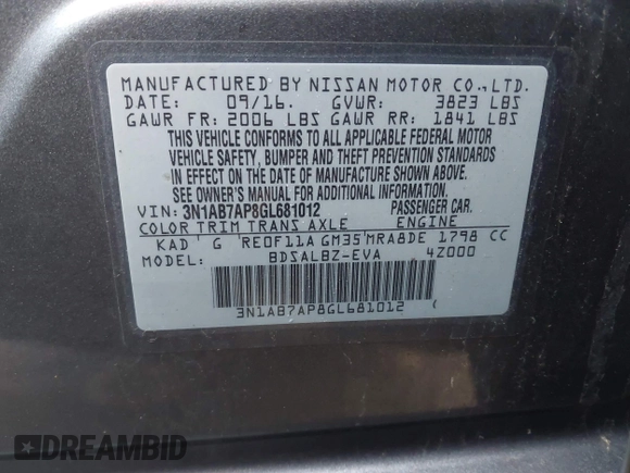 ✅ 2016 Nissan Sentra SV • VIN: 3N1AB7AP8GL681012 • Lot: 44886321. Listed on IAAI with 98,289 mi. Free auction sales archive from the USA and detailed vehicle history report at DreamBid. Image 9.