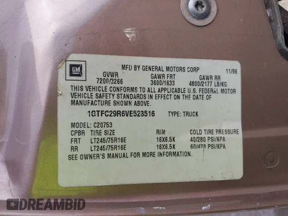✅ 1997 GMC Sierra 2500 • VIN: 1GTFC29R6VE523516 • Lot: 41562485. Wystawiony na IAAI z przebiegiem 95 265 mil. Bezpłatny archiwum sprzedaży aukcyjnych z USA i szczegółowy raport historii pojazdu na DreamBid. Zdjęcie 9.