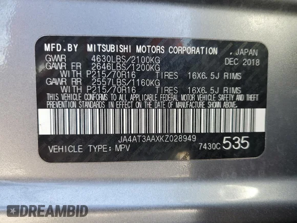 ✅ 2019 Mitsubishi Eclipse Cross ES • VIN: JA4AT3AAXKZ028949 • Lot: 43397373. Listed on Copart with 66,355 mi. Free auction sales archive from the USA and detailed vehicle history report at DreamBid. Image 13.
