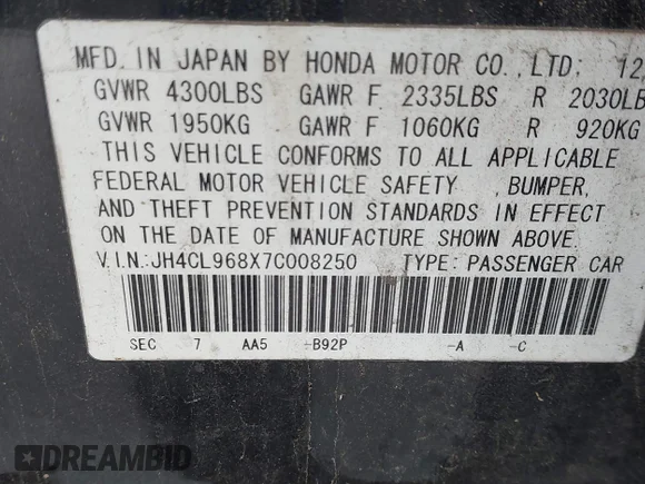 ✅ 2007 Acura TSX • VIN: JH4CL968X7C008250 • Lot: 44870174. Listed on IAAI with 247,005 mi. Free auction sales archive from the USA and detailed vehicle history report at DreamBid. Image 9.